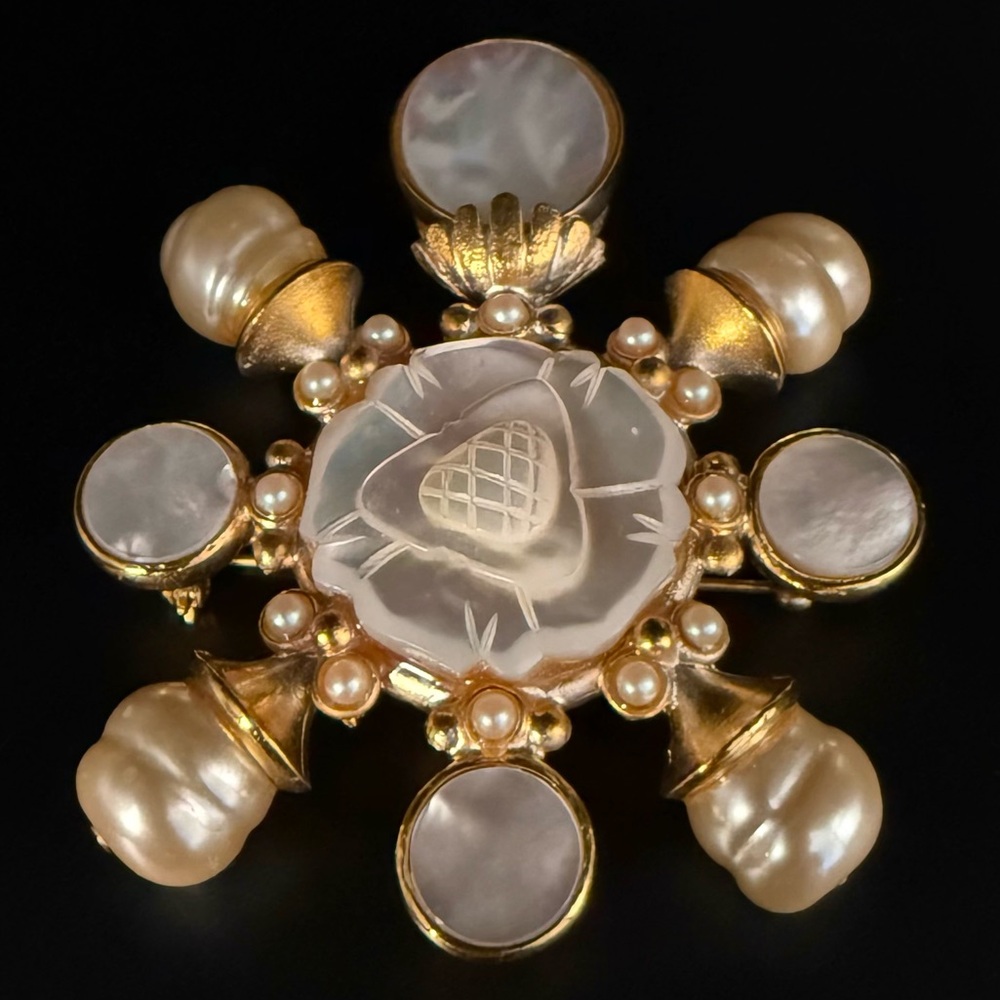 Jose Barrera Maltese Cross. Faux Baroque & SeedPearl & Mother of Pearl. Brooch.